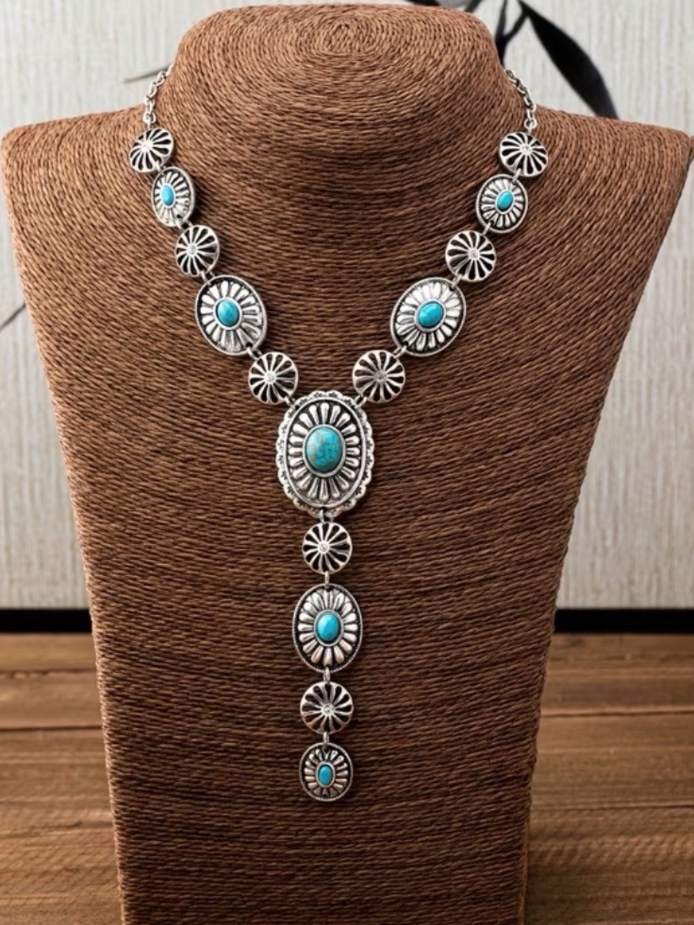 Western Necklace Turquoise Silver Concho Y-Drop Necklace